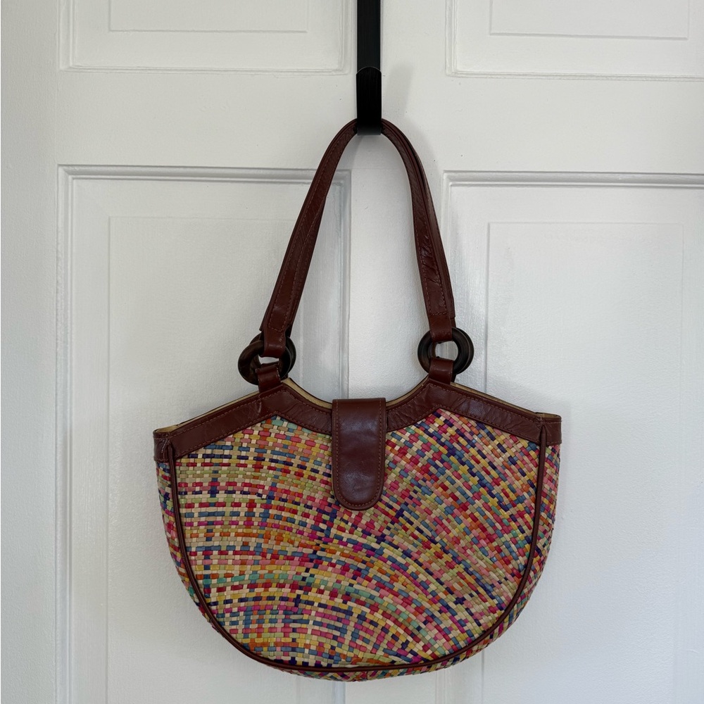 Multicolor Woven Tote Bag with Brown Accents